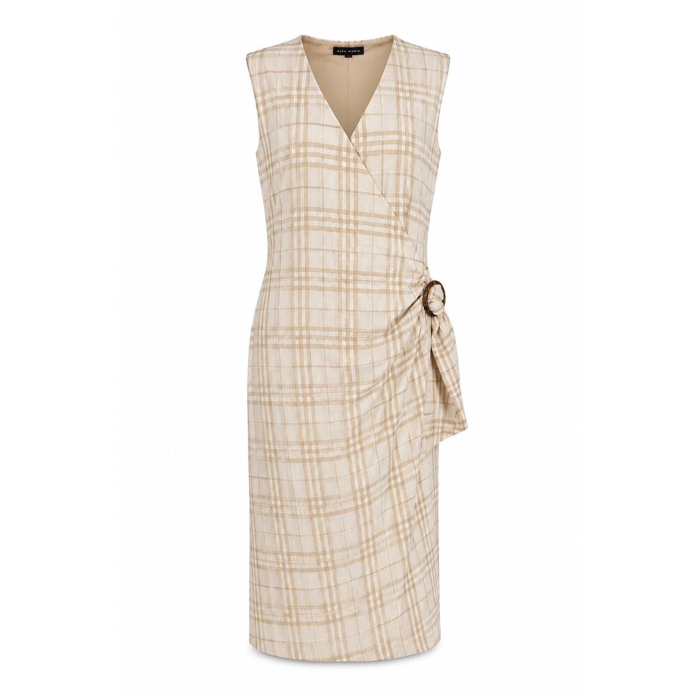 Alex Marie Beige Plaid Wrap Dress Sleeveless Midi Size 14 Classic Career Party